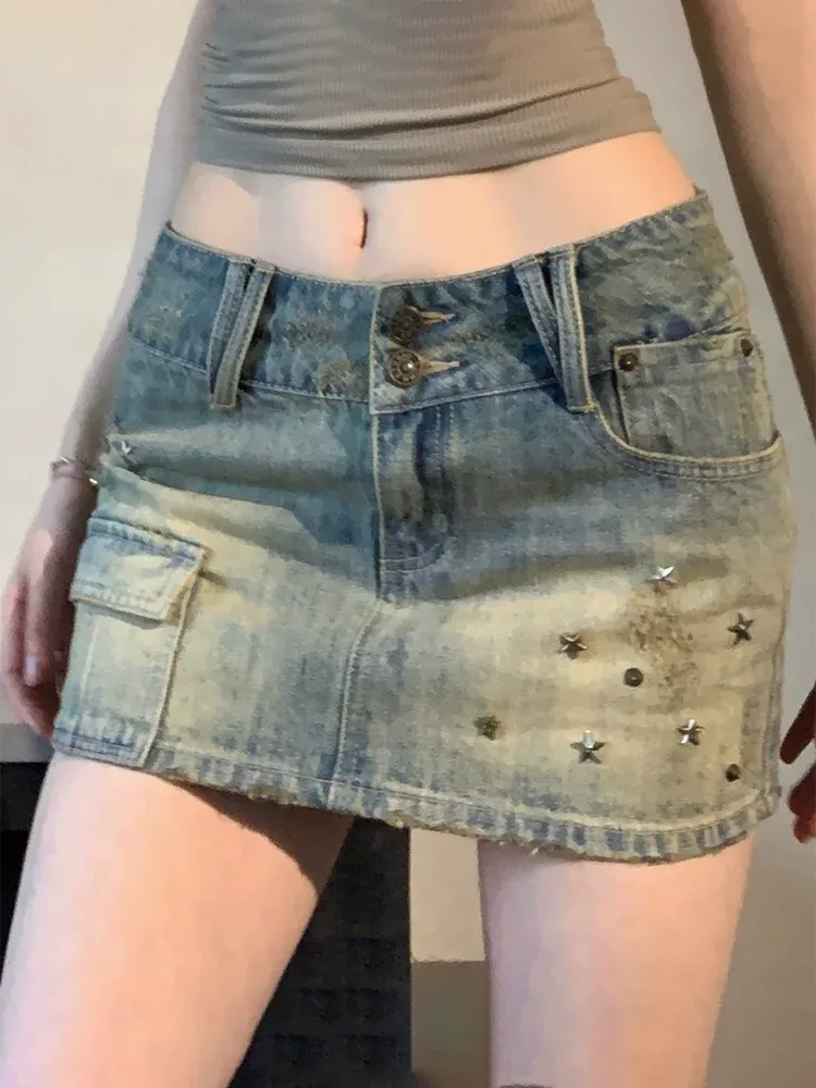 American Retro Rivet Pockets Denim Summer High Waist Vintage Fashion A-Line Skirt