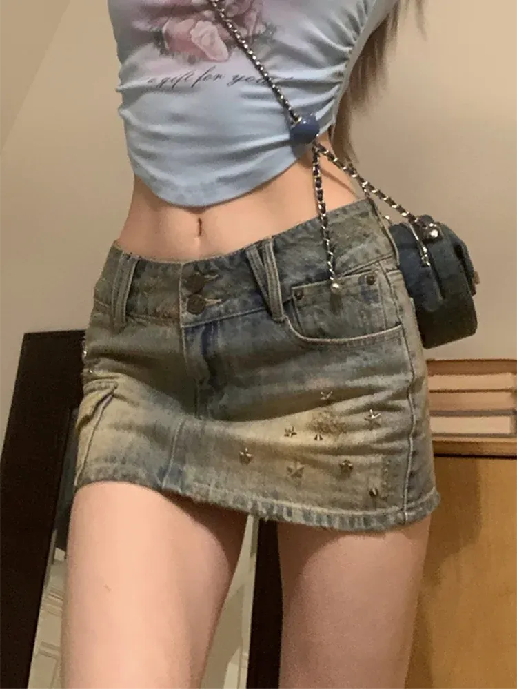 American Retro Rivet Pockets Denim Summer High Waist Vintage Fashion A-Line Skirt