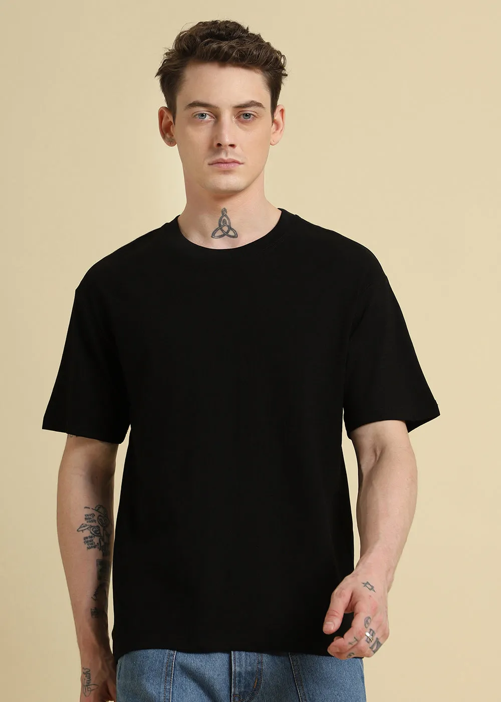 Black Basic Textured Oversized T-shirt