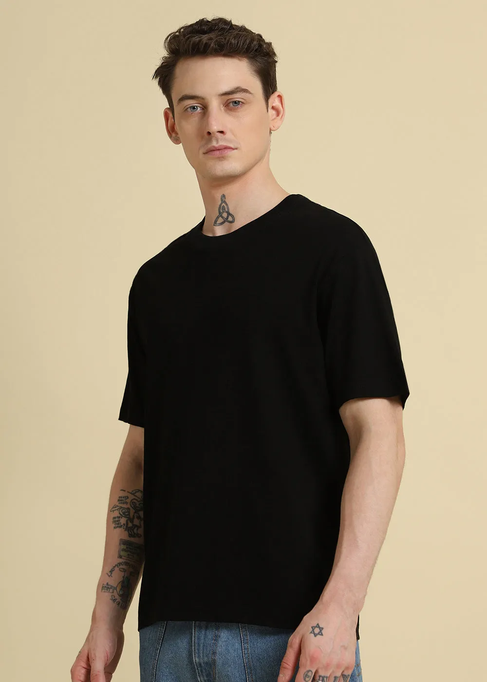 Black Basic Textured Oversized T-shirt