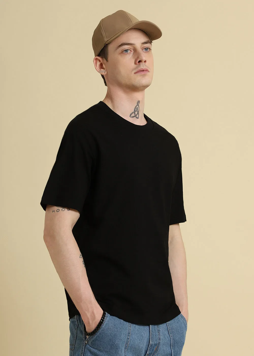 Black Basic Textured Oversized T-shirt