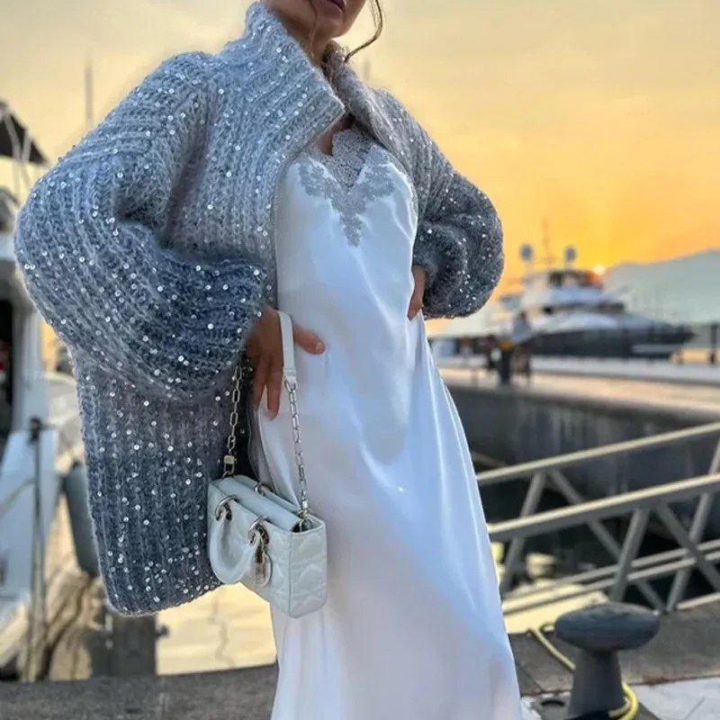 Black Friday Sale:50% OFFKnitted Sweater Jacket With Monochromatic Sequins