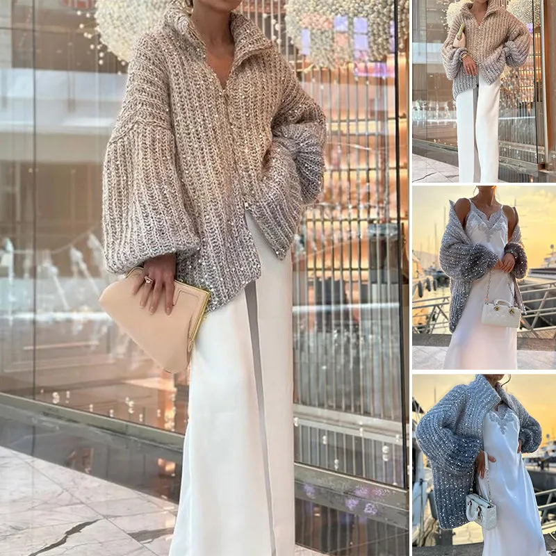 Black Friday Sale:50% OFFKnitted Sweater Jacket With Monochromatic Sequins