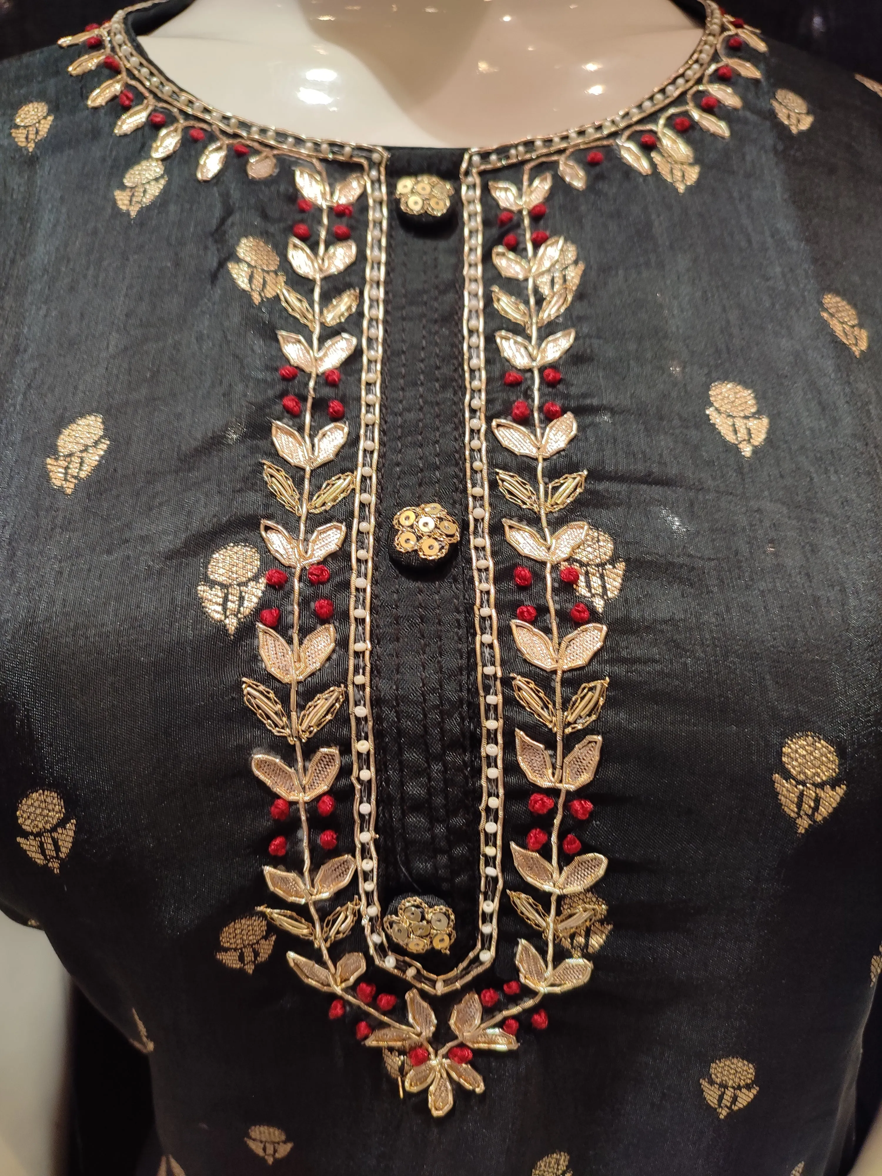 Black Silk Semi-Stitch Suit With Gota Patti, Dabka Handwork