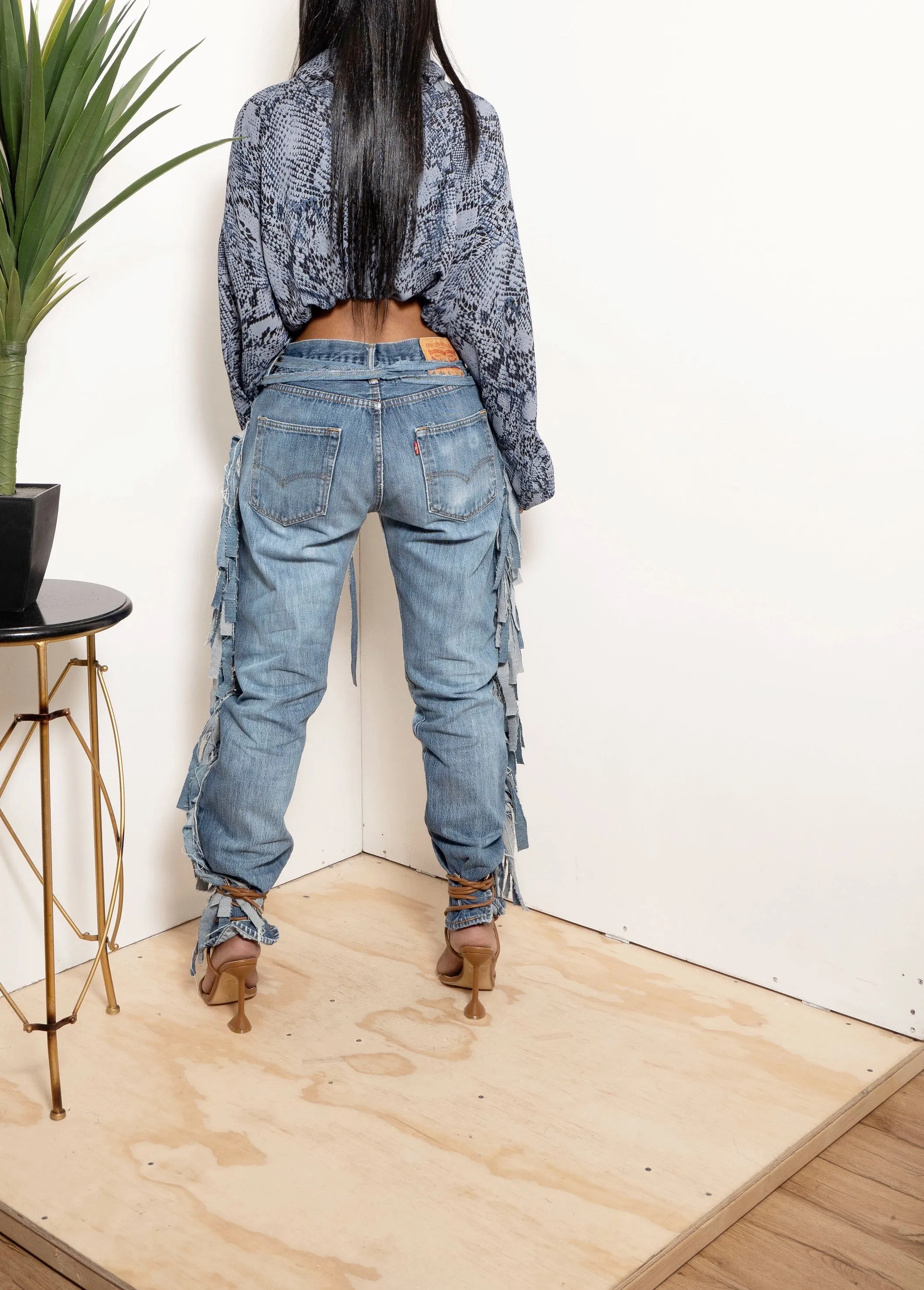 Bleached fade Levi Denim fringe Pants- MTO