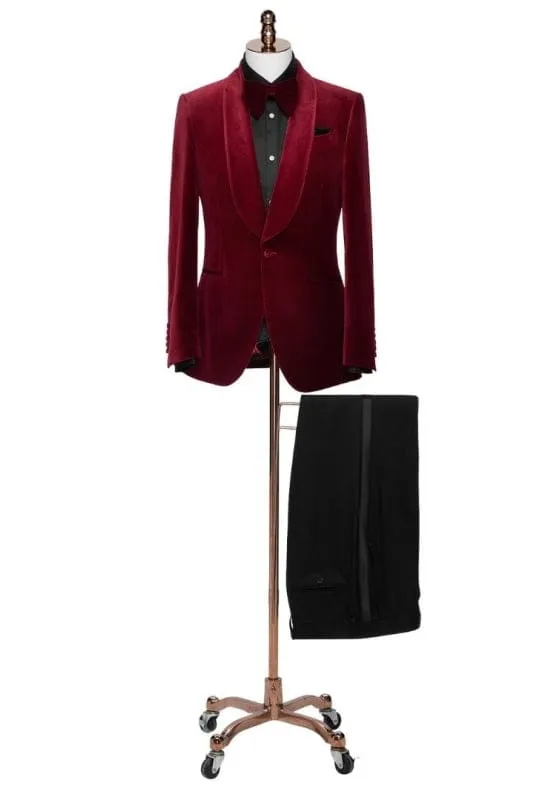 Burgundy Shawl Lapel Two Pieces Velvet Wedding Suits Formal Business Prom Suits