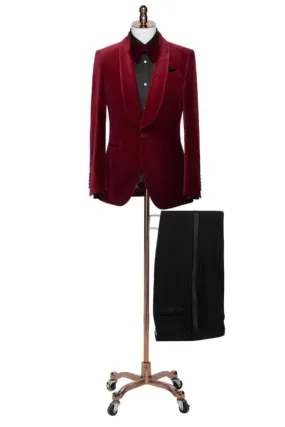 Burgundy Shawl Lapel Two Pieces Velvet Wedding Suits Formal Business Prom Suits
