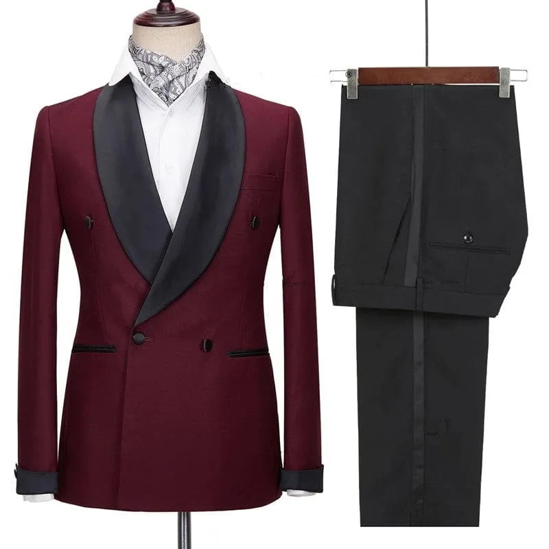 Burgundy Slim Fit Two Pieces Tuxedos Black Shawl Lapel Wedding Suits Blazer Party Singer Groom Costume Made