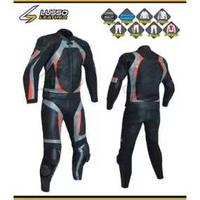 Calum's black, grey and red motorcycle leather suit