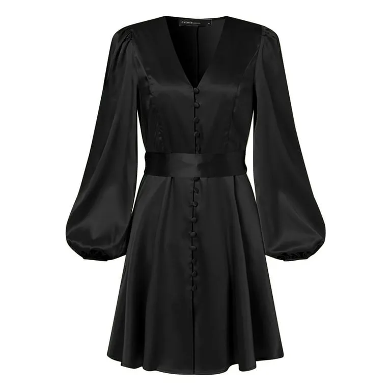 Celmia Women Long Sleeve Mini Dress Silk Satin Party Elegant Casual Pleated A Line Dress S3170740
