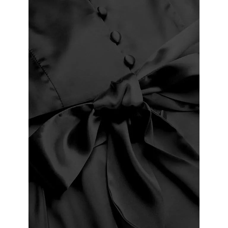 Celmia Women Long Sleeve Mini Dress Silk Satin Party Elegant Casual Pleated A Line Dress S3170740