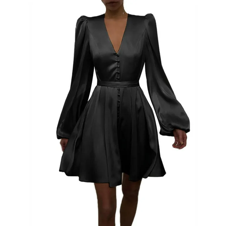 Celmia Women Long Sleeve Mini Dress Silk Satin Party Elegant Casual Pleated A Line Dress S3170740