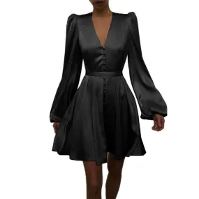 Celmia Women Long Sleeve Mini Dress Silk Satin Party Elegant Casual Pleated A Line Dress S3170740