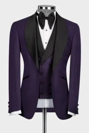 Chic Purple Shawl Lapel Three Pieces Wedding Suits Formal Business Suit Wedding Groom Prom Tuxedo Dinner Party