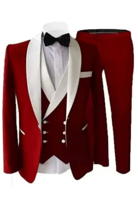 Chic Red Shawl Lapel Three Pieces Wedding Suits Wedding Groom Prom Tuxedo Dinner Party