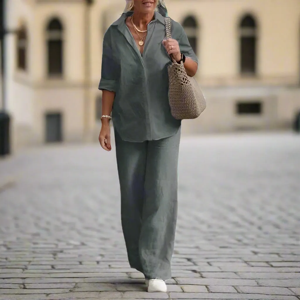 Cotton and hemp long sleeve shirt pants 2 piece suit TS43