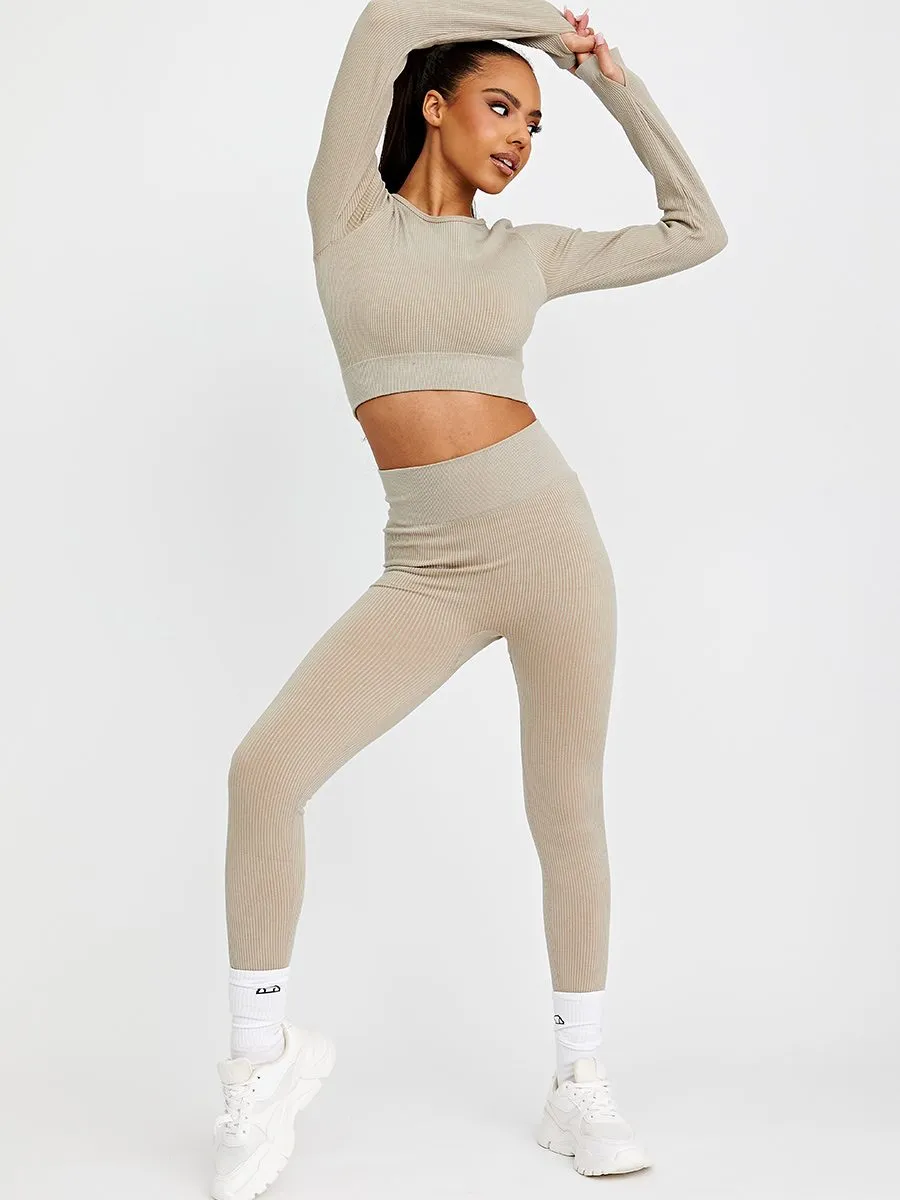 Daya Patricia Long Sleeves Ribbed Crop Top & Leggings Co-ord In Stone