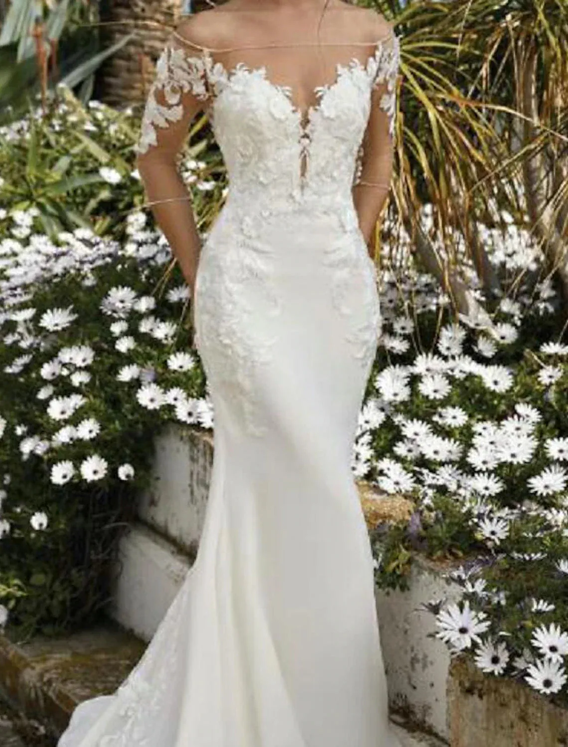 Engagement Formal Fall Wedding Dresses Mermaid / Trumpet Off Shoulder Half Sleeve Court Train Lace Bridal Gowns With Embroidery Appliques Summer Wedding Party, Women's Clothing