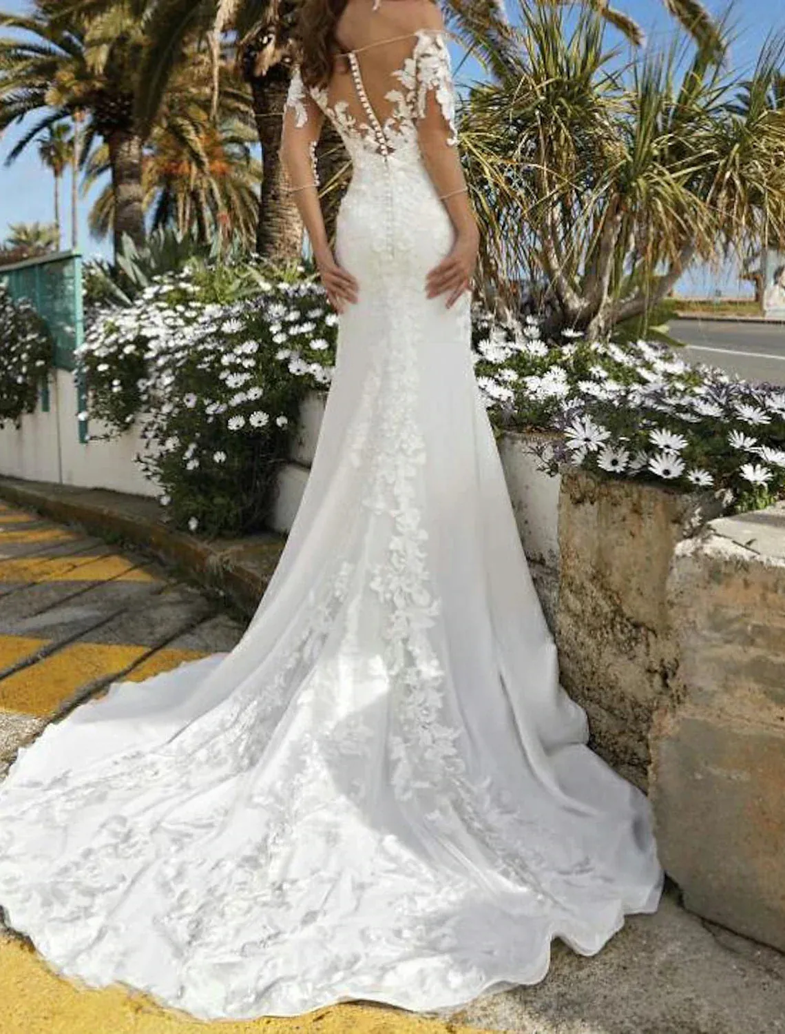 Engagement Formal Fall Wedding Dresses Mermaid / Trumpet Off Shoulder Half Sleeve Court Train Lace Bridal Gowns With Embroidery Appliques Summer Wedding Party, Women's Clothing