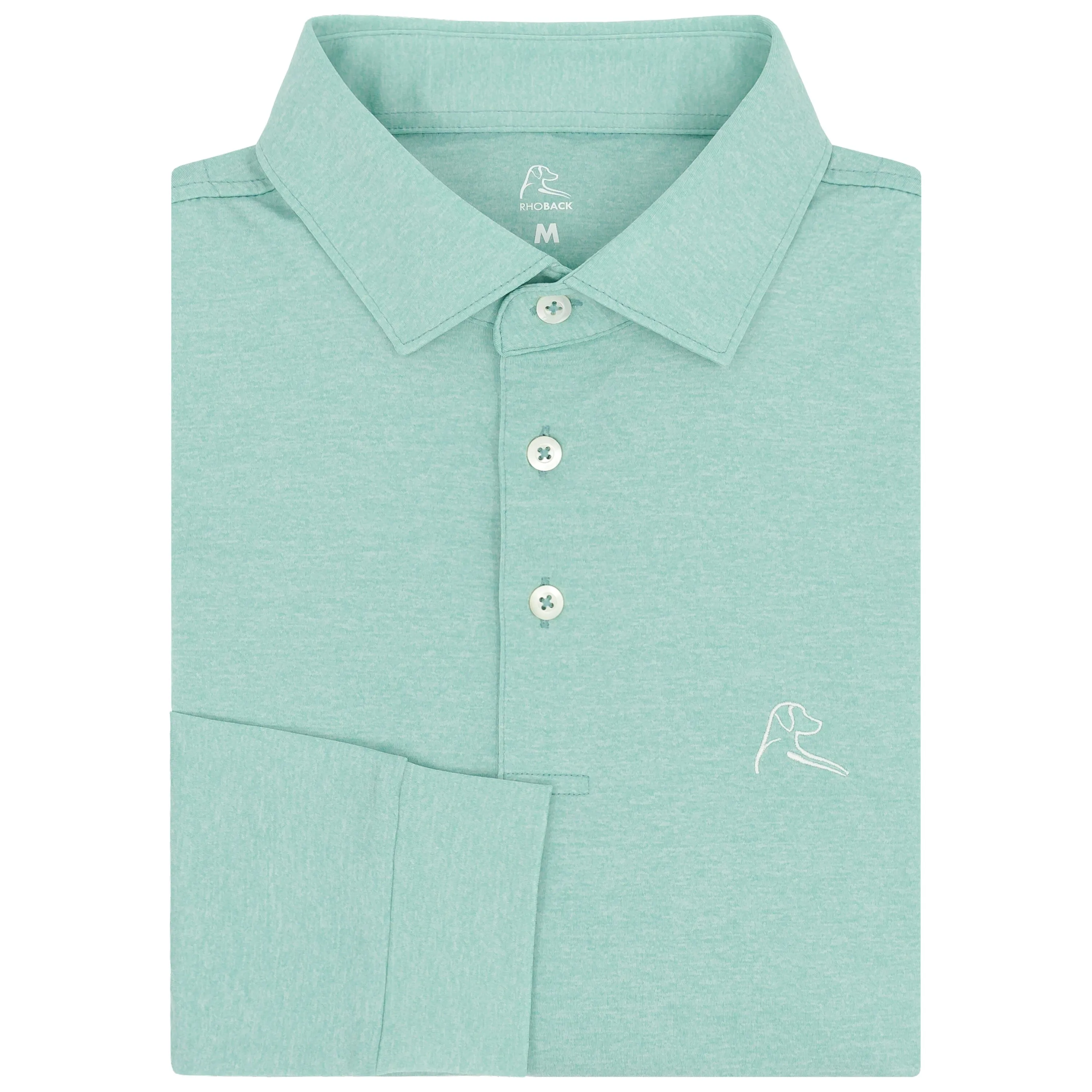 Heather | Long Sleeve Performance Polo | Heather - Sea Green/White