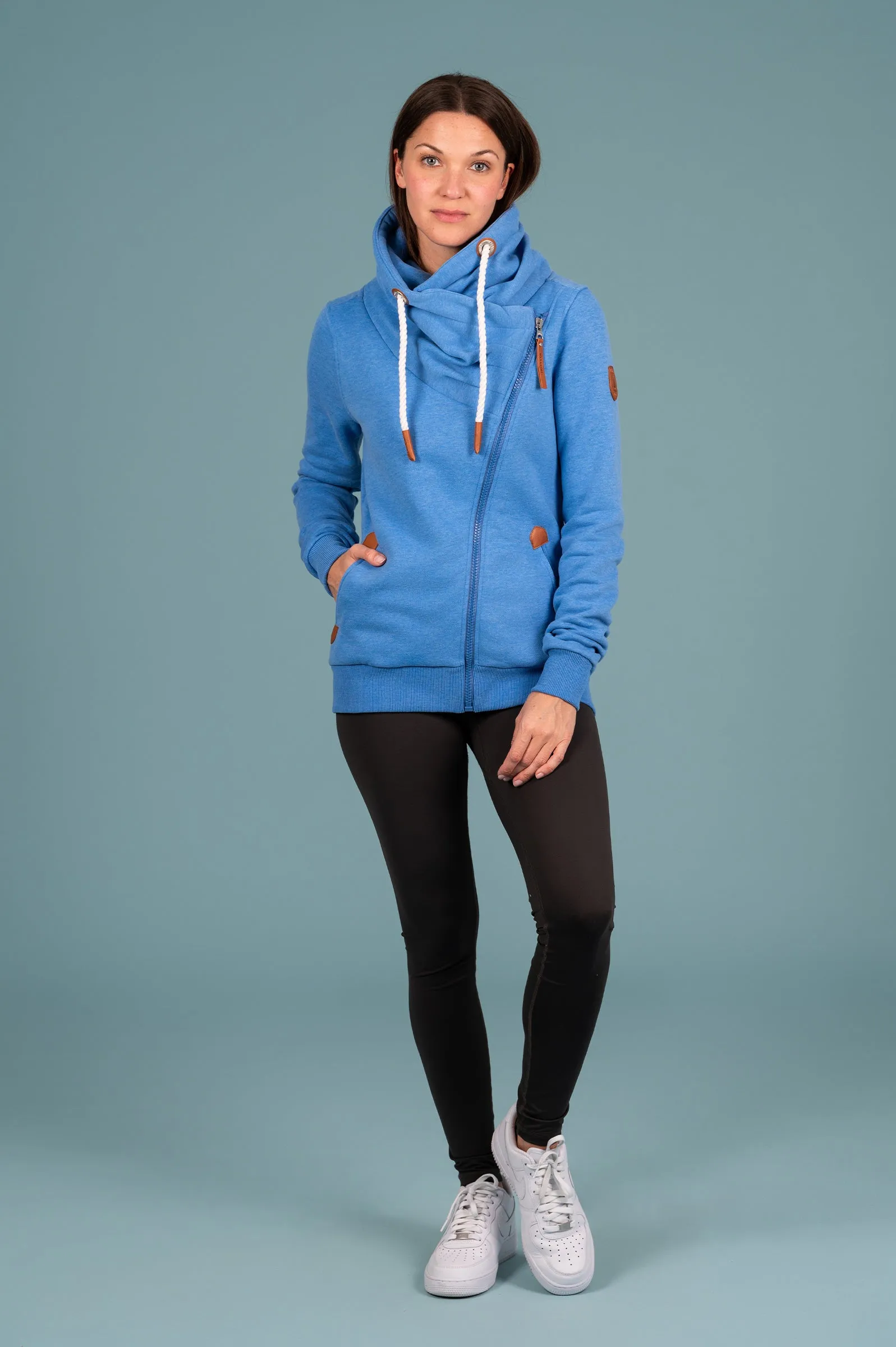 Stylish Hestia Cobalt Blue Cowl Neck Zip Sweater for Women