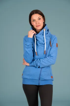 Stylish Hestia Cobalt Blue Cowl Neck Zip Sweater for Women