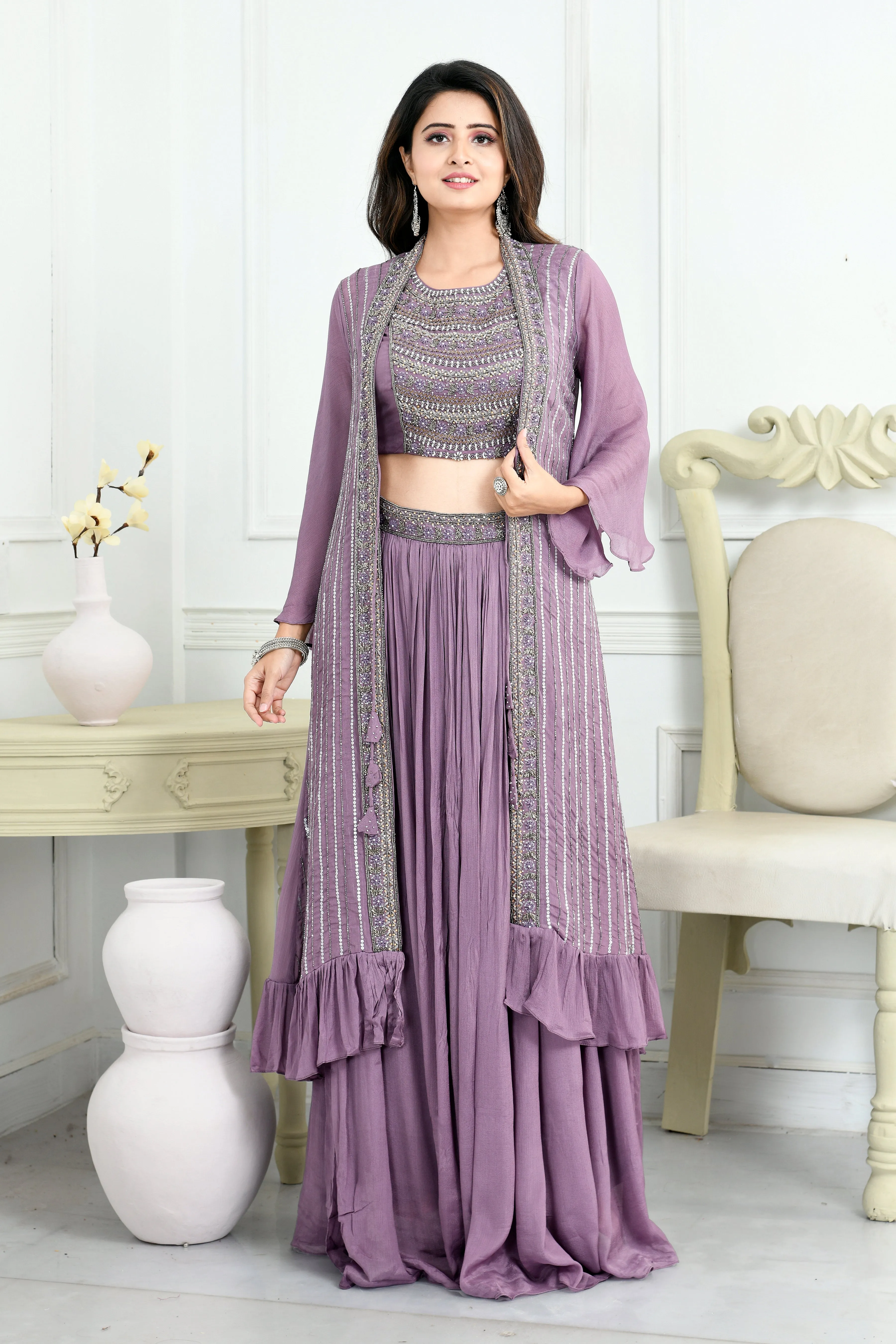 Indo-Western Chinon Blouse and Skirt with Beads Work,Cutdana Work,Sippi Work and Jacket