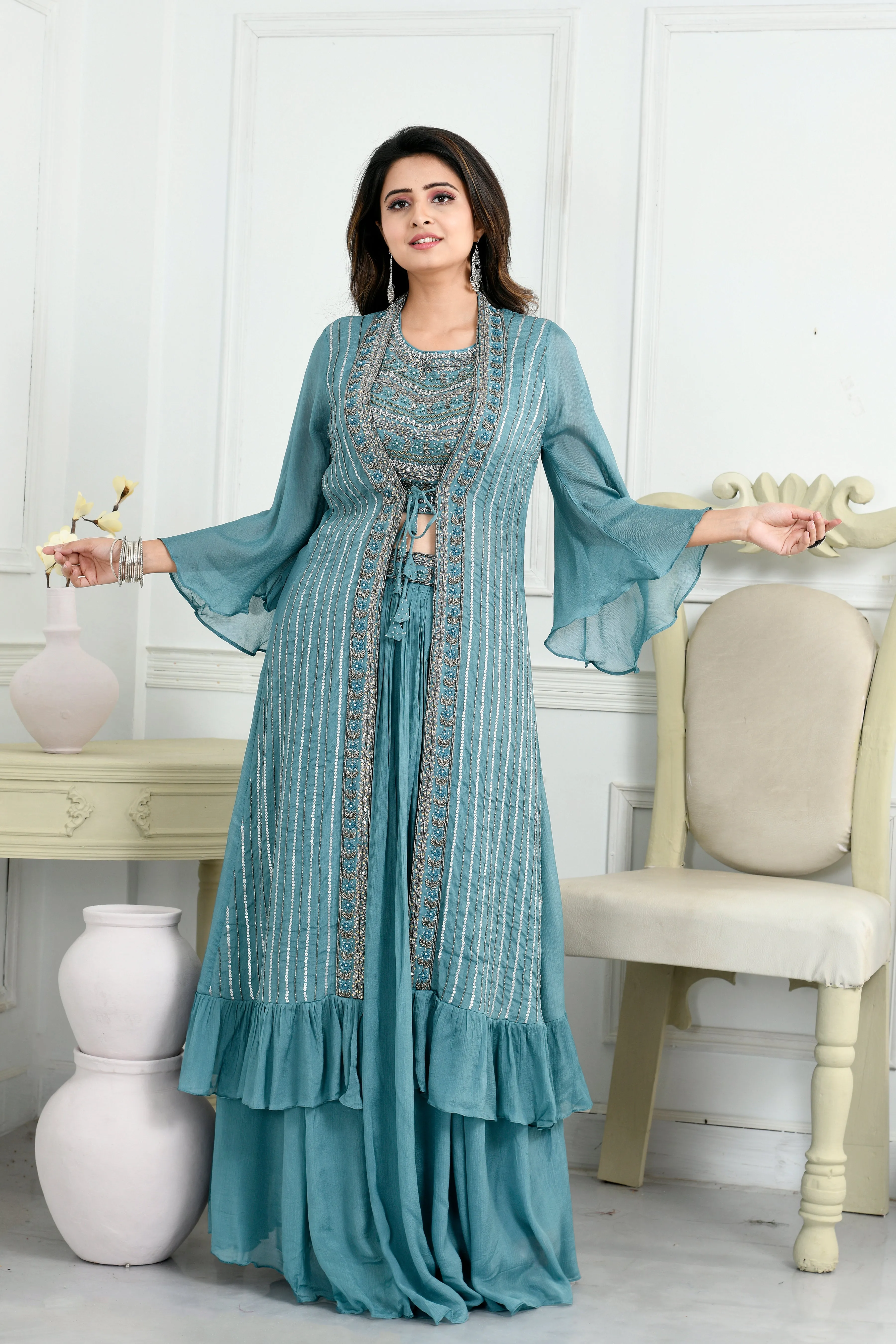 Indo-Western Chinon Blouse and Skirt with Beads Work,Cutdana Work,Sippi Work and Jacket