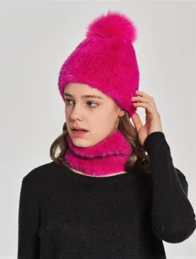 Knitted mink beanie with fox pom pom