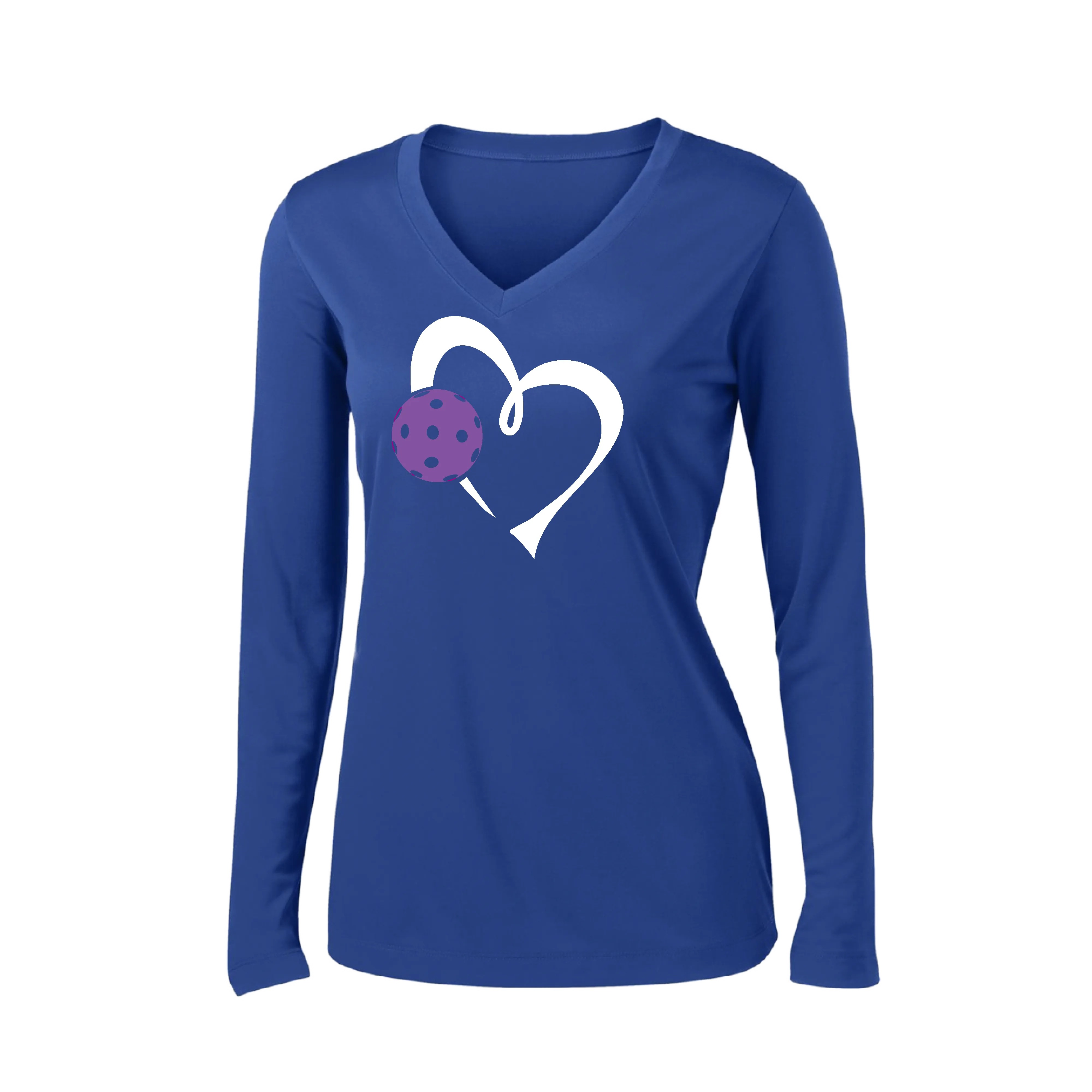 Love Pickleball Heart (Purple) | Women's Long Sleeve V-Neck Pickleball Shirts | 100% Polyester