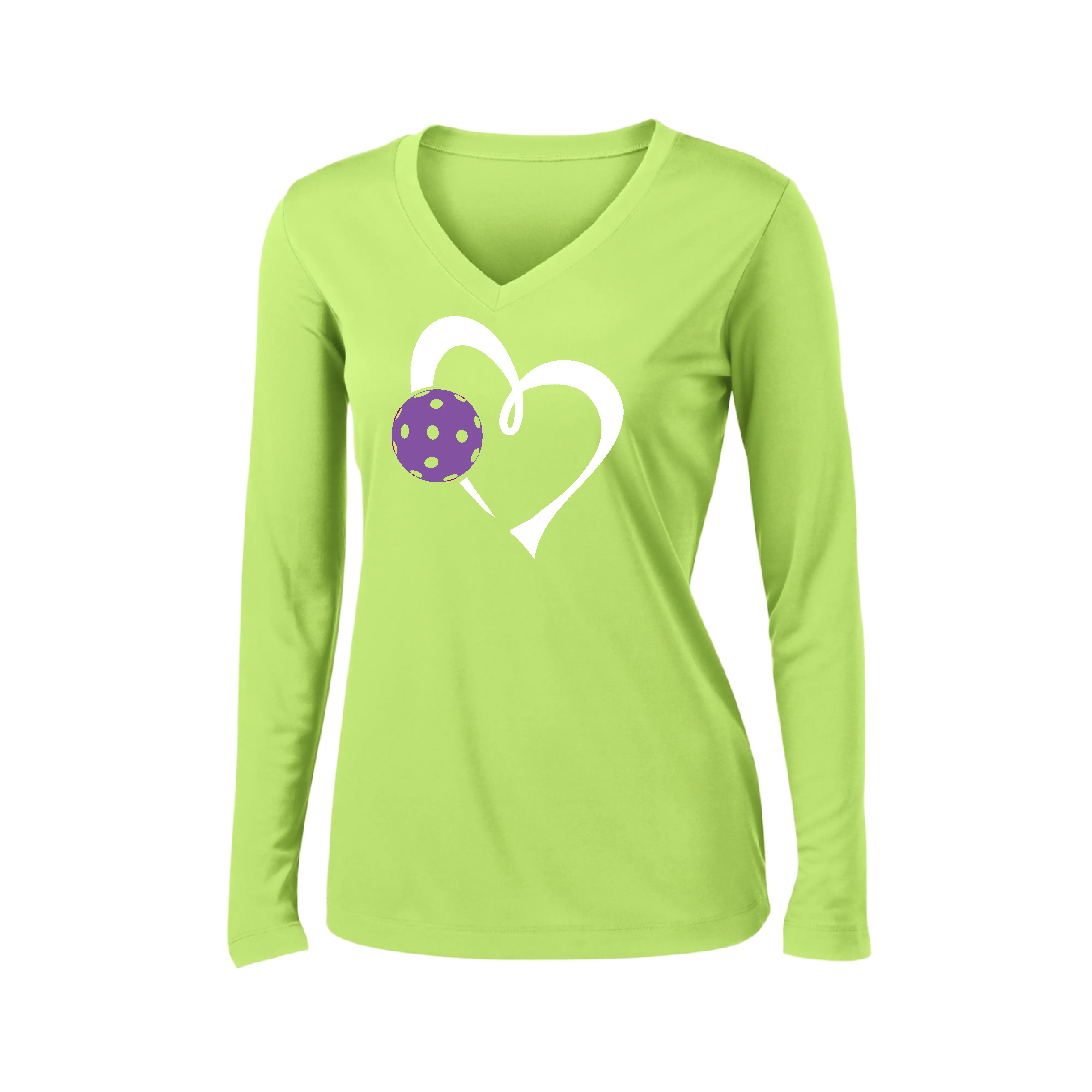 Love Pickleball Heart (Purple) | Women's Long Sleeve V-Neck Pickleball Shirts | 100% Polyester