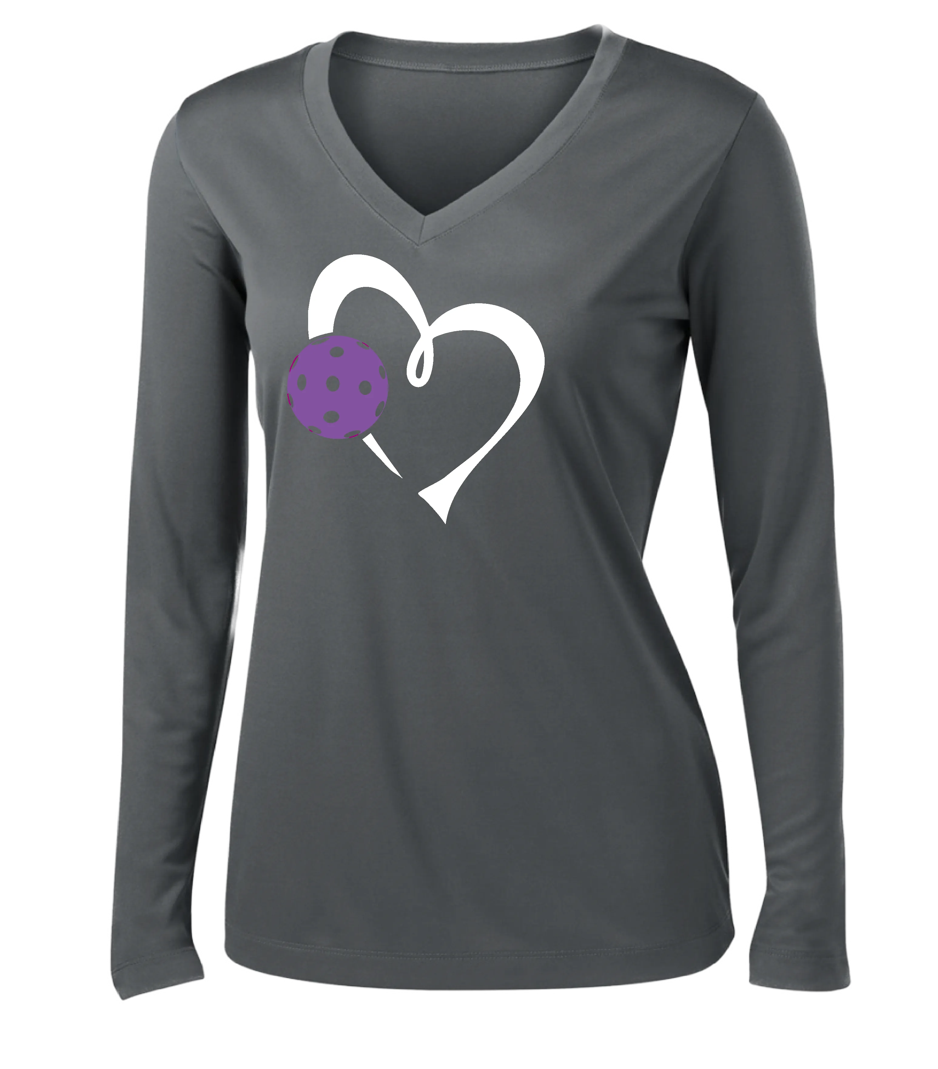 Love Pickleball Heart (Purple) | Women's Long Sleeve V-Neck Pickleball Shirts | 100% Polyester