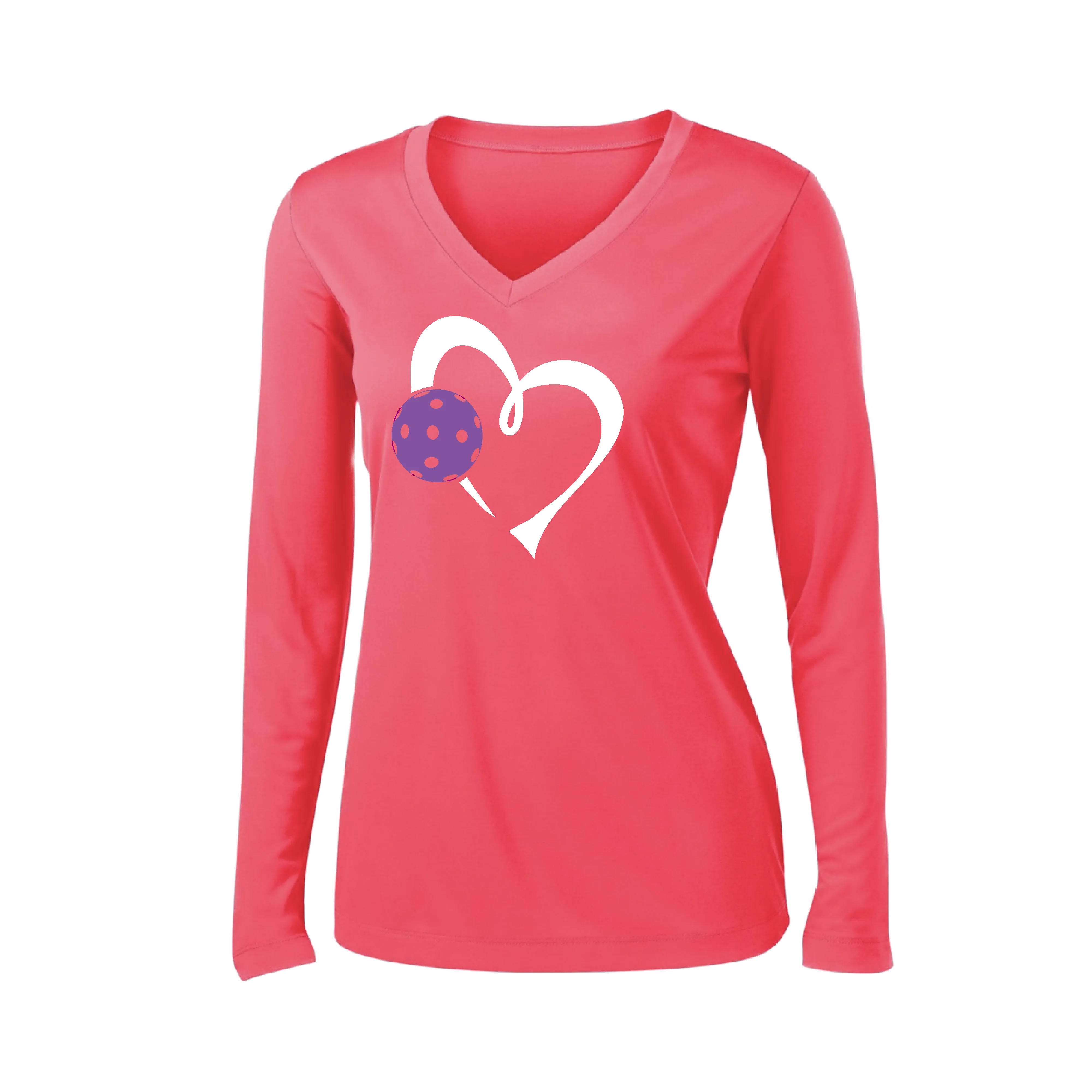 Love Pickleball Heart (Purple) | Women's Long Sleeve V-Neck Pickleball Shirts | 100% Polyester