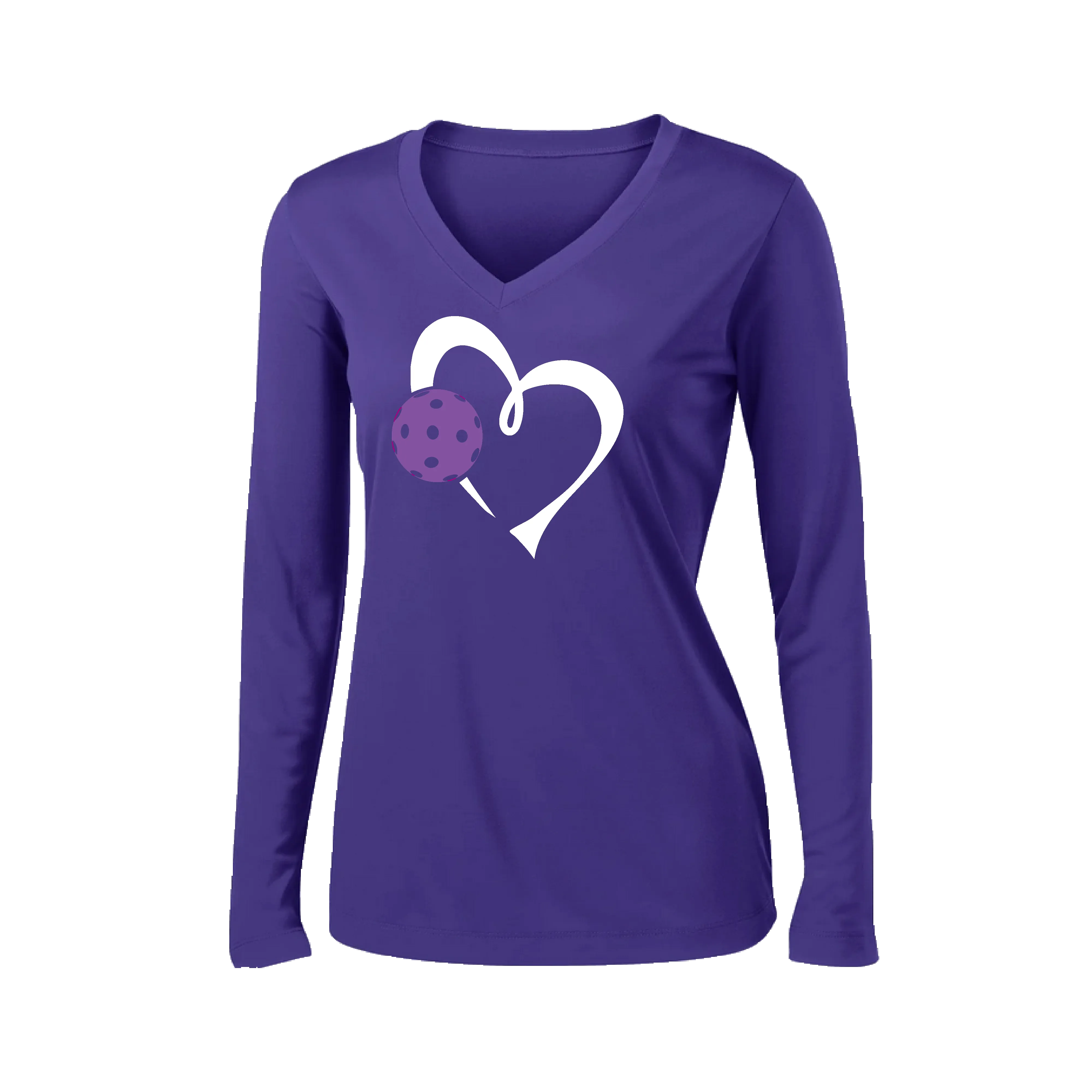 Love Pickleball Heart (Purple) | Women's Long Sleeve V-Neck Pickleball Shirts | 100% Polyester