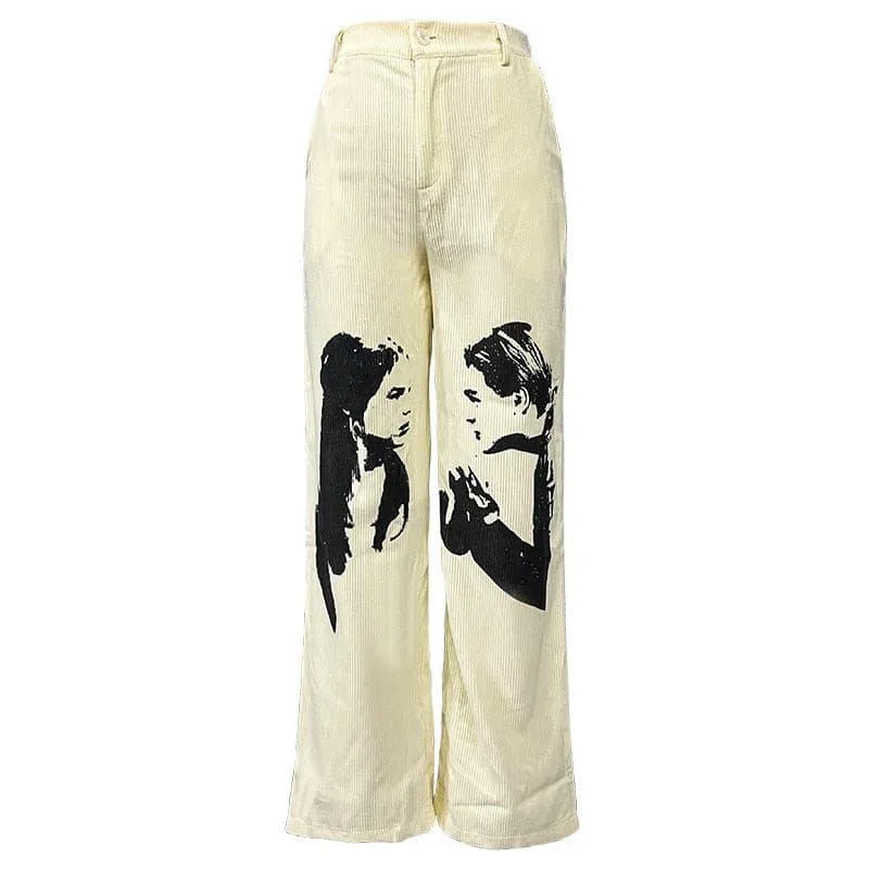 Love portrait print casual straight pants