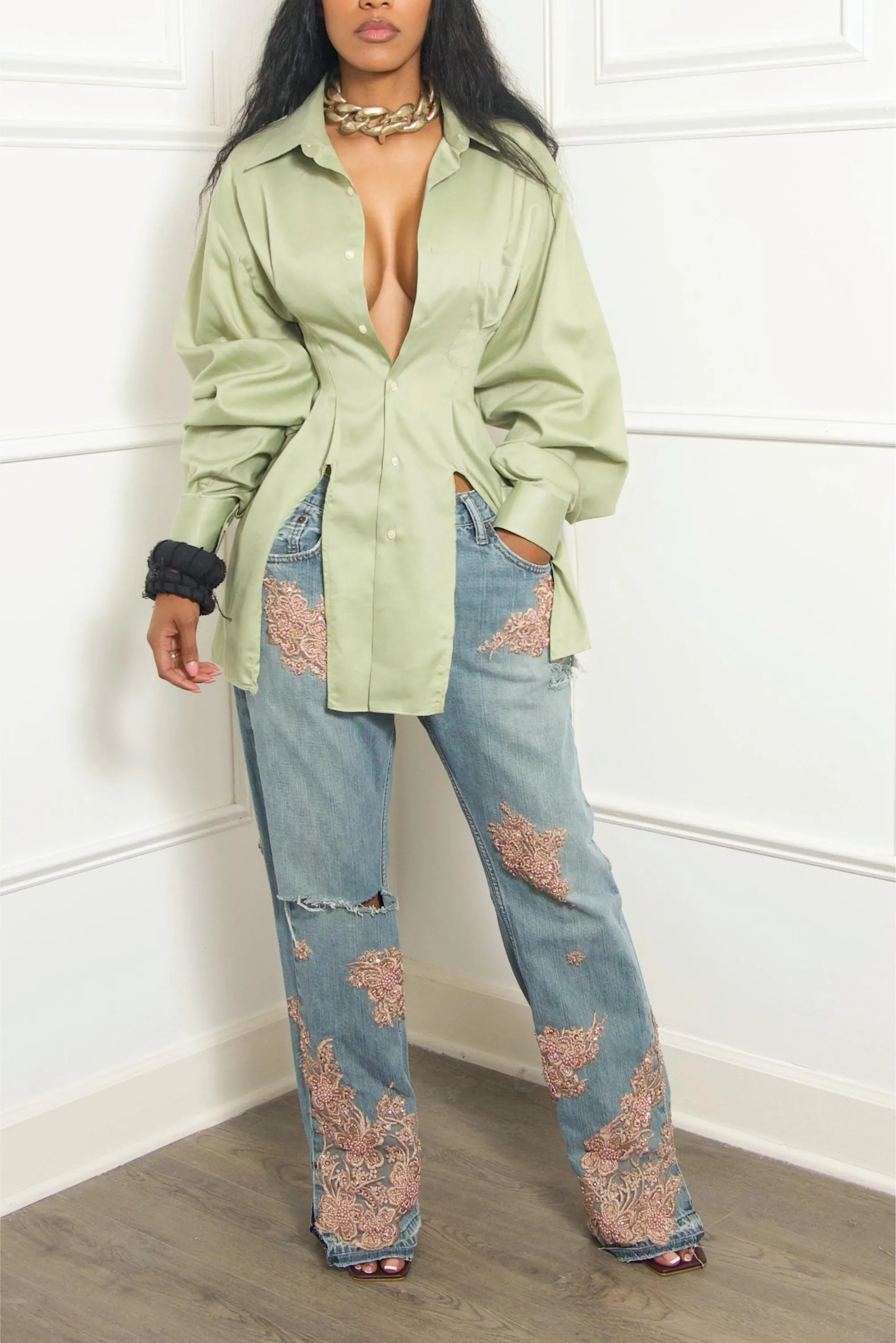 Peach beaded embellished denim Levi jeans