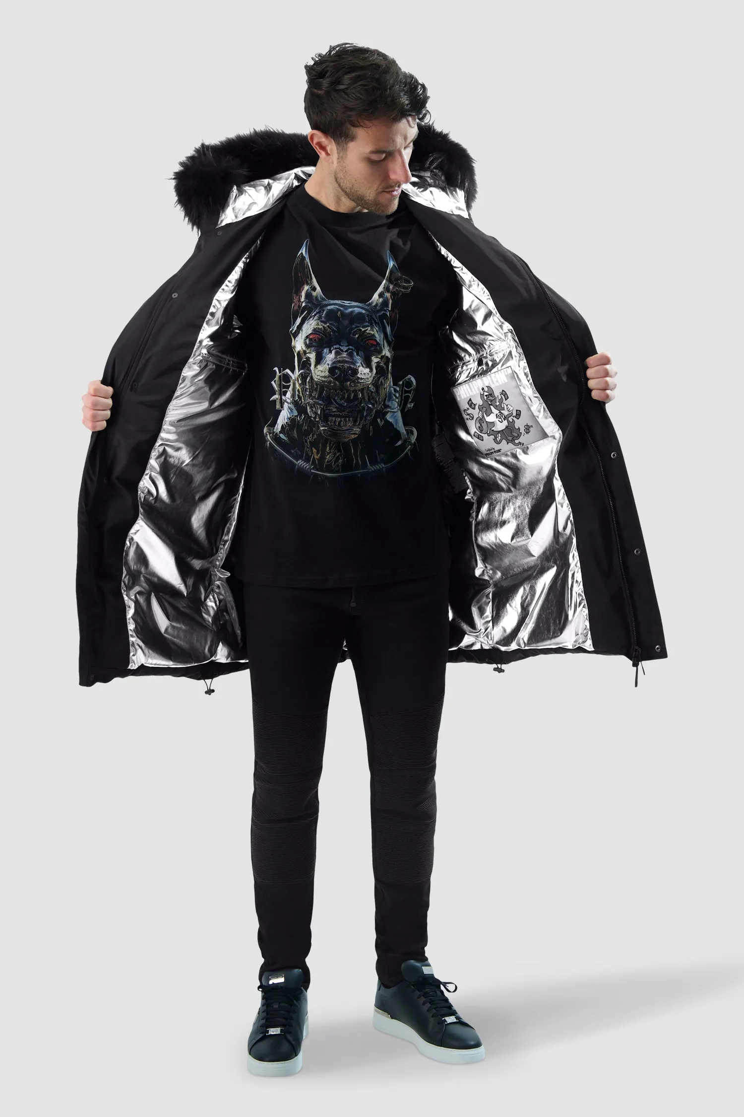 Stylish Black Nylon Parka with Real Fur Skull & Bones Accents by Philipp Plein