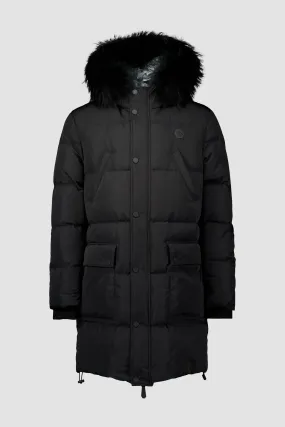 Stylish Black Nylon Parka with Real Fur Skull & Bones Accents by Philipp Plein