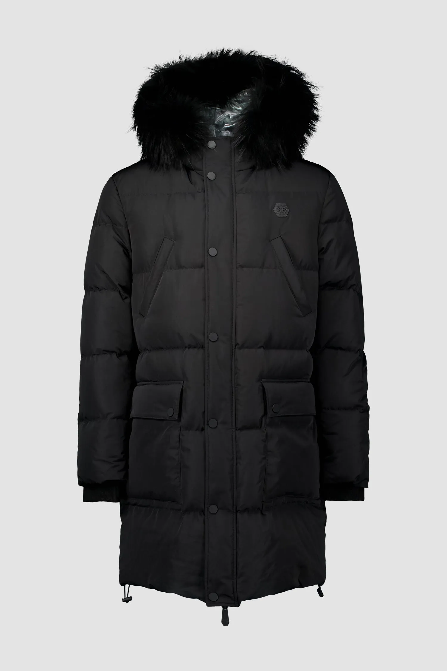 Stylish Black Nylon Parka with Real Fur Skull & Bones Accents by Philipp Plein