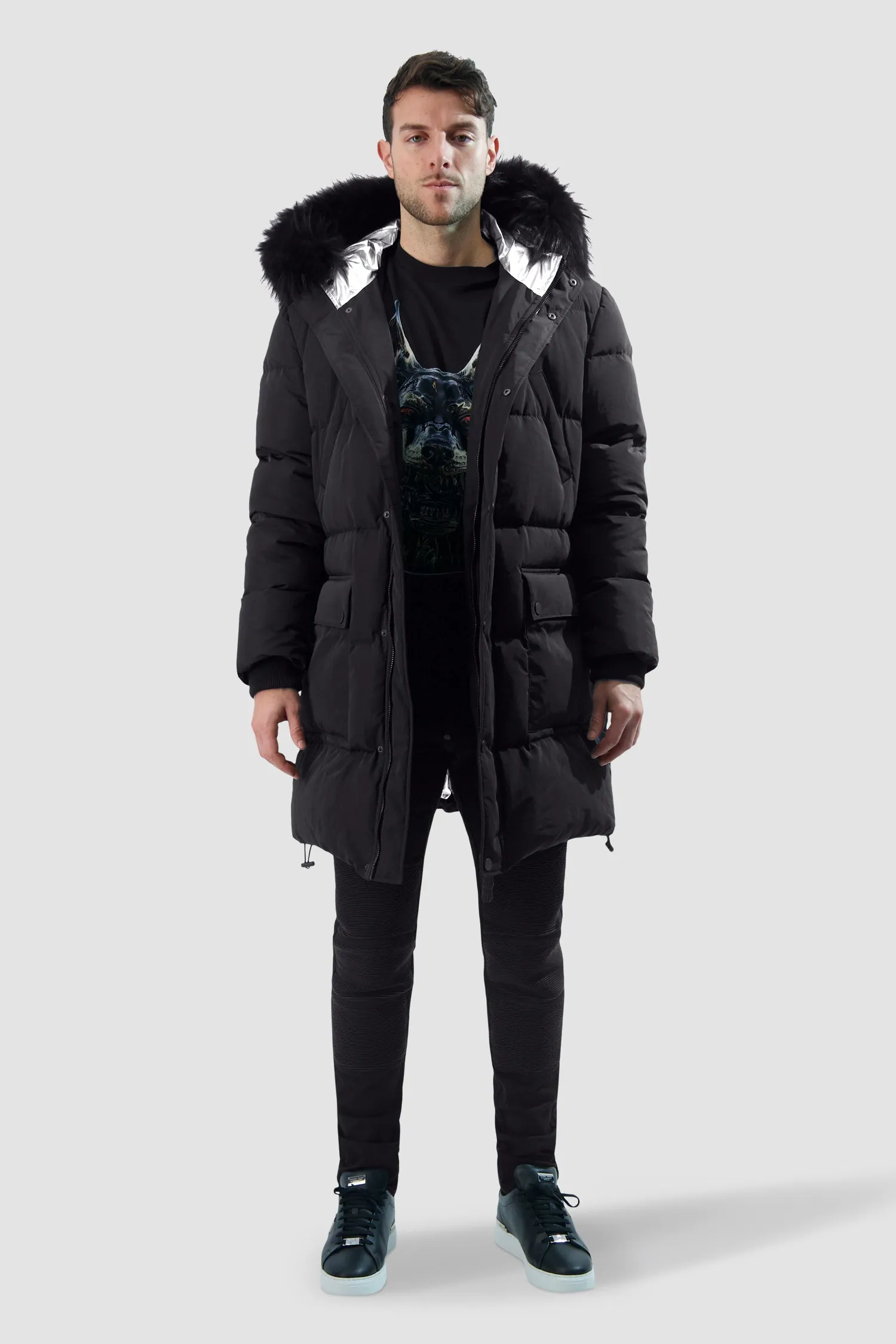 Stylish Black Nylon Parka with Real Fur Skull & Bones Accents by Philipp Plein