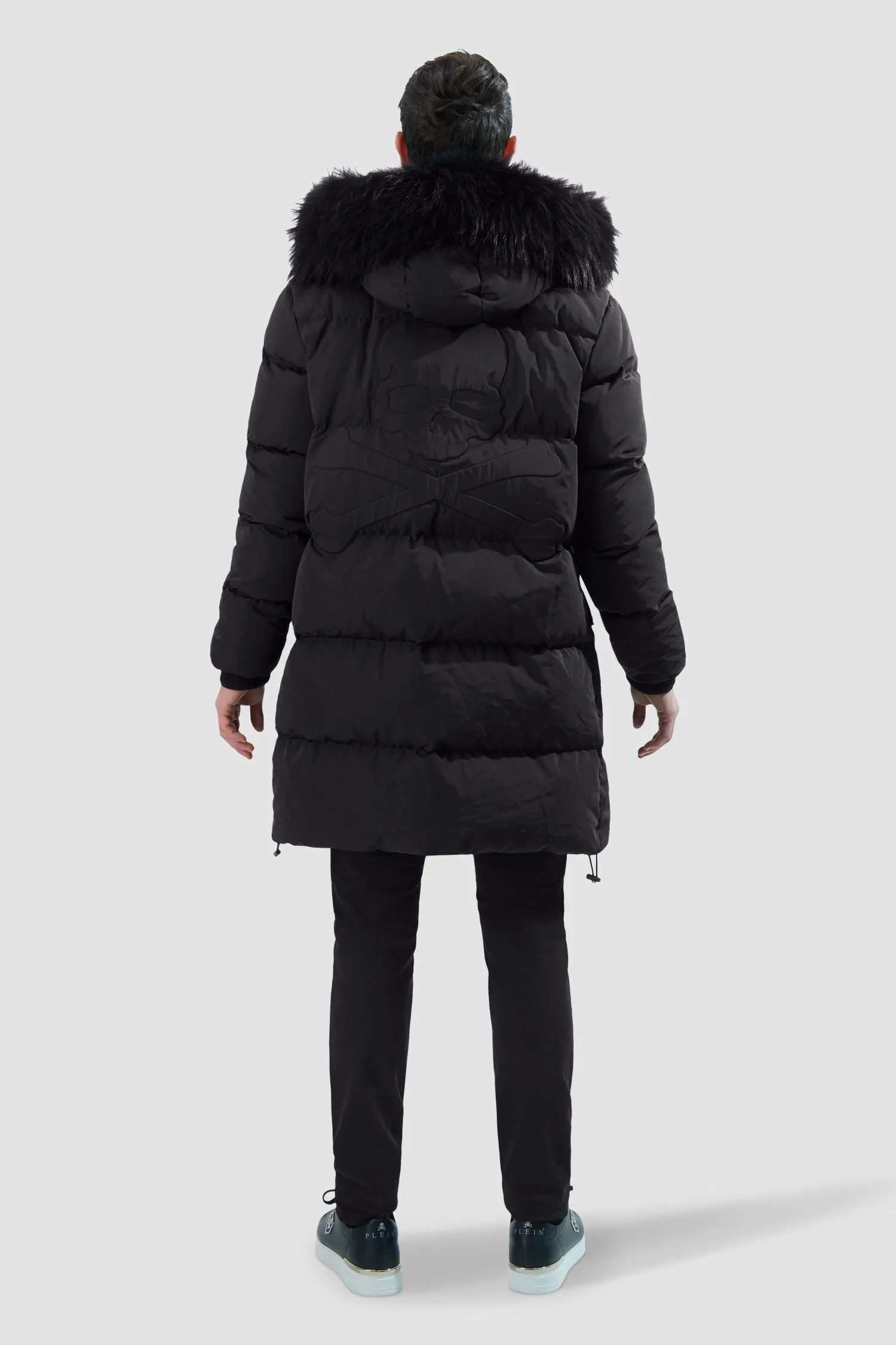 Stylish Black Nylon Parka with Real Fur Skull & Bones Accents by Philipp Plein