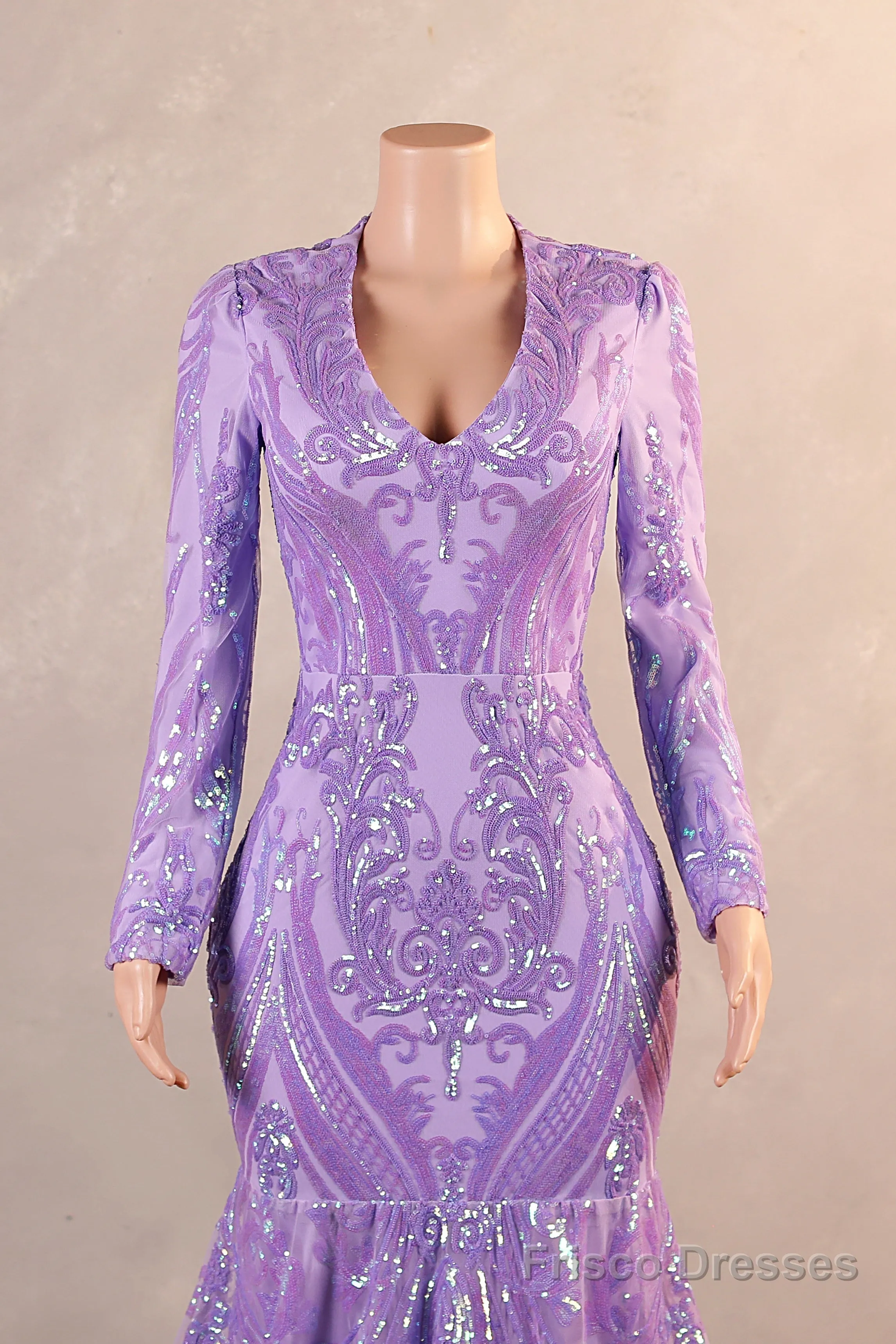 Purple Mermaid Prom Dresses Long Sleeves Sequin Long Evening Dresses