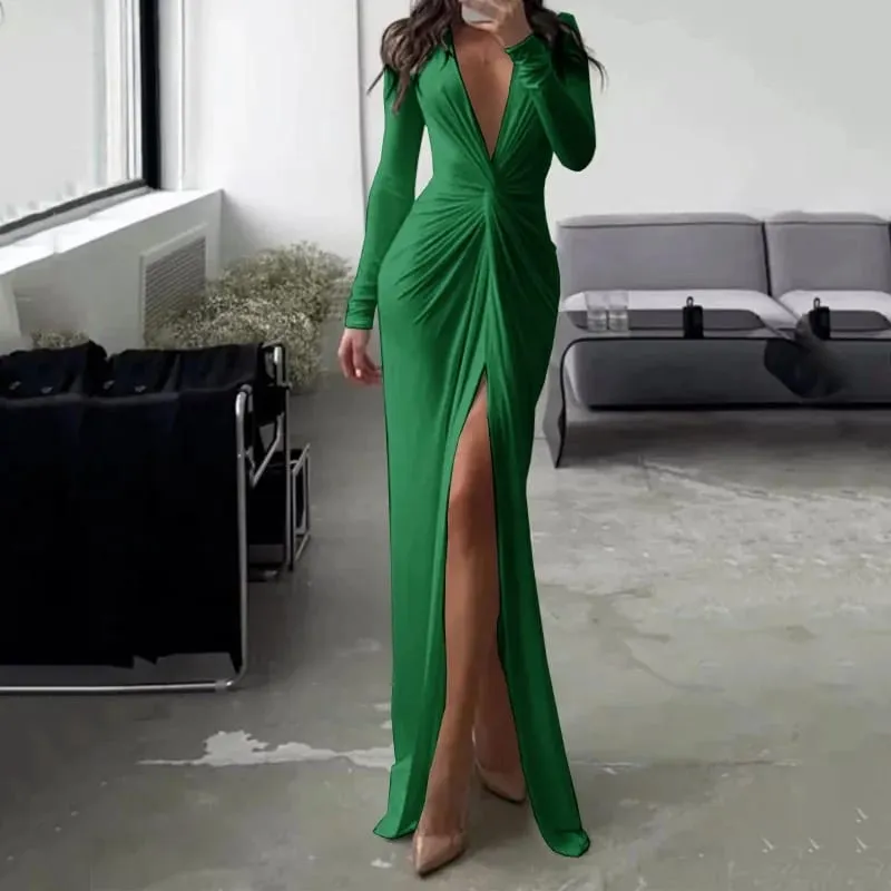 Sexy Long Sleeve V Neck Split Pleated Long Dress B-84946