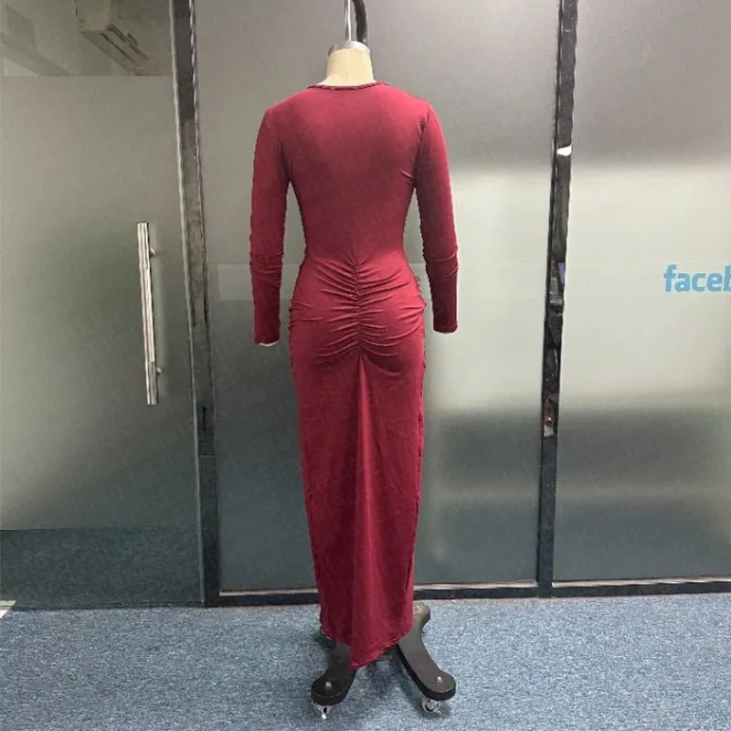 Sexy Long Sleeve V Neck Split Pleated Long Dress B-84946