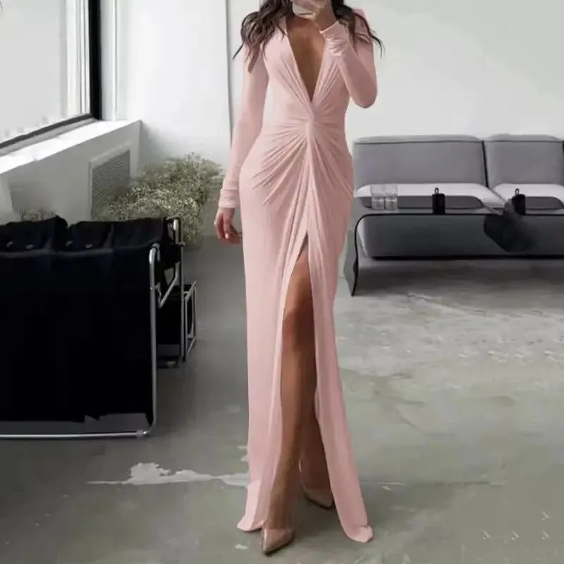 Sexy Long Sleeve V Neck Split Pleated Long Dress B-84946