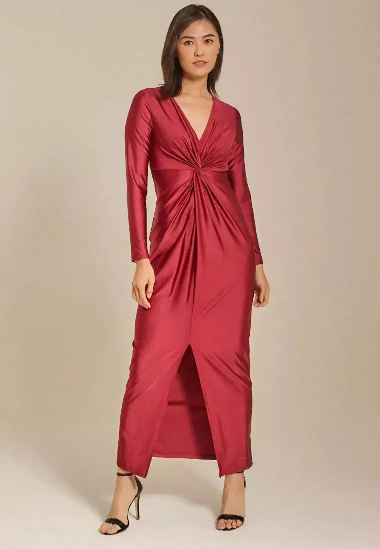 Sexy Long Sleeve V Neck Split Pleated Long Dress B-84946