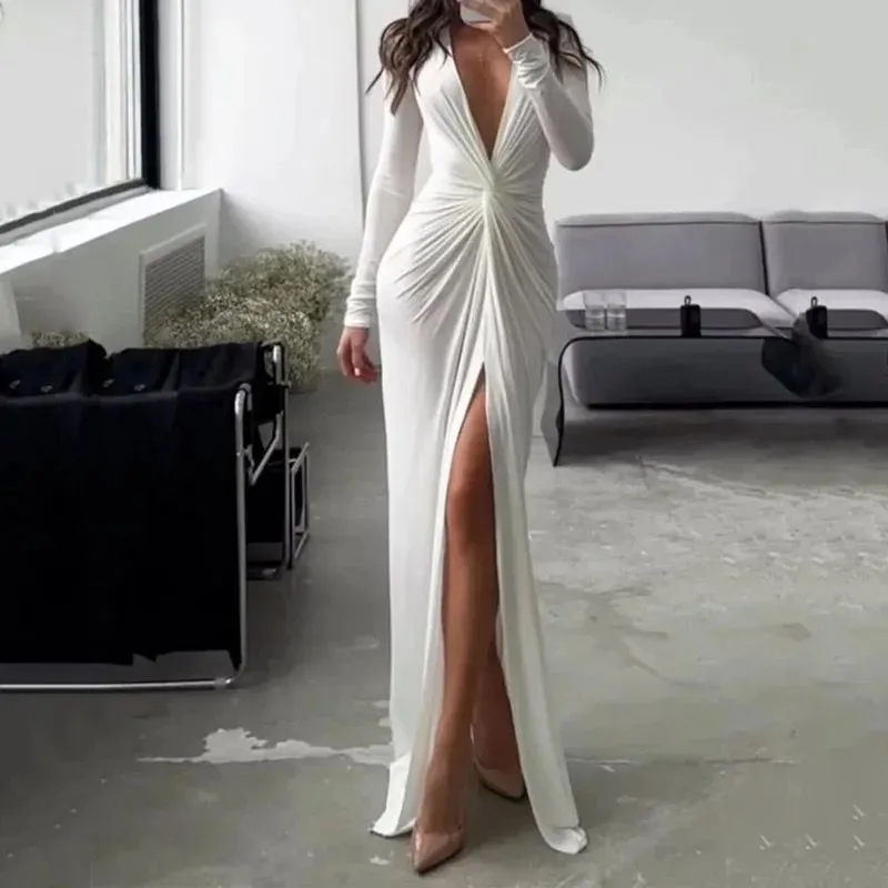 Sexy Long Sleeve V Neck Split Pleated Long Dress B-84946
