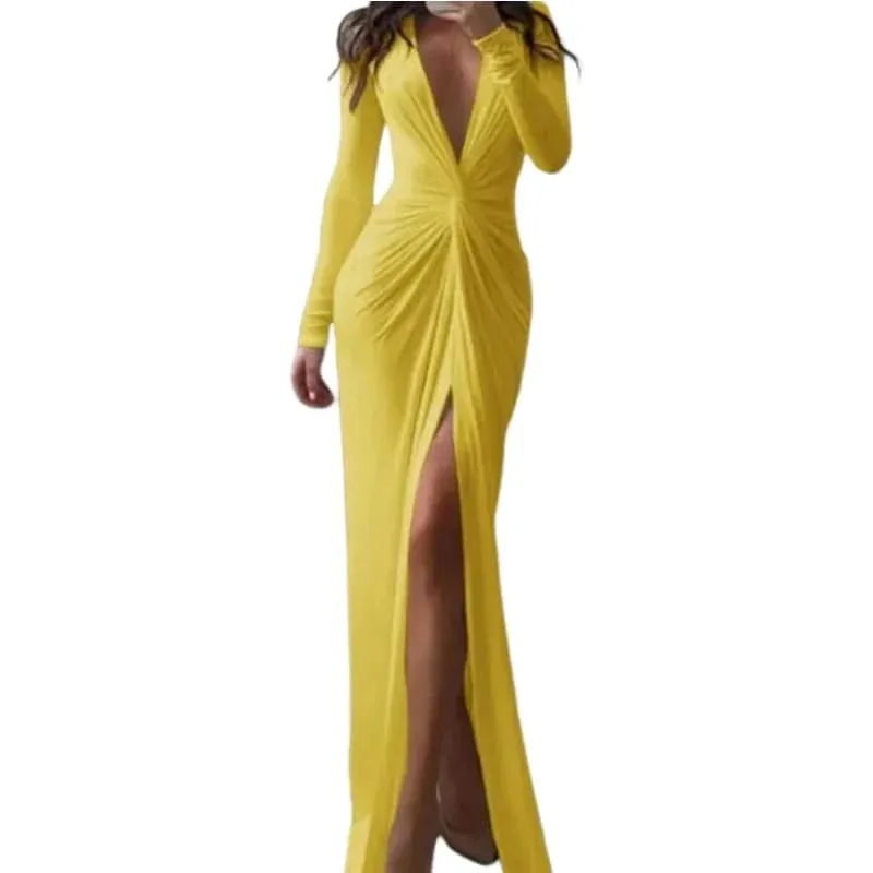 Sexy Long Sleeve V Neck Split Pleated Long Dress B-84946
