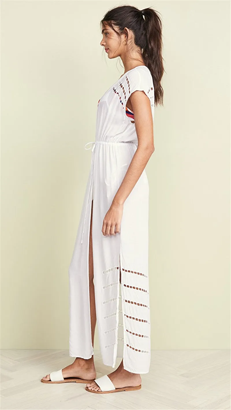 Sexy Striped Hollow Out White Cotton Summer Beach Tunic Women Plus Size Beachwear Self Belted Front Open Midi Dress XL S3928449