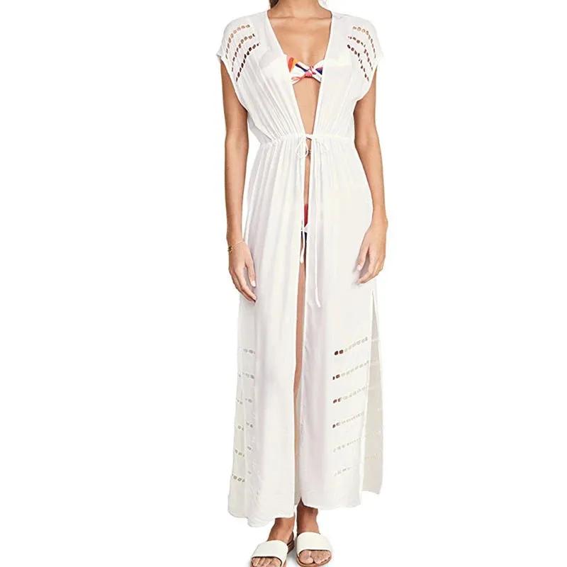 Sexy Striped Hollow Out White Cotton Summer Beach Tunic Women Plus Size Beachwear Self Belted Front Open Midi Dress XL S3928449